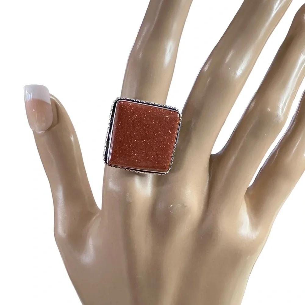 💕 Natural Gold Stone gemstone square ring‎ .925 sterling silver overlay adjust